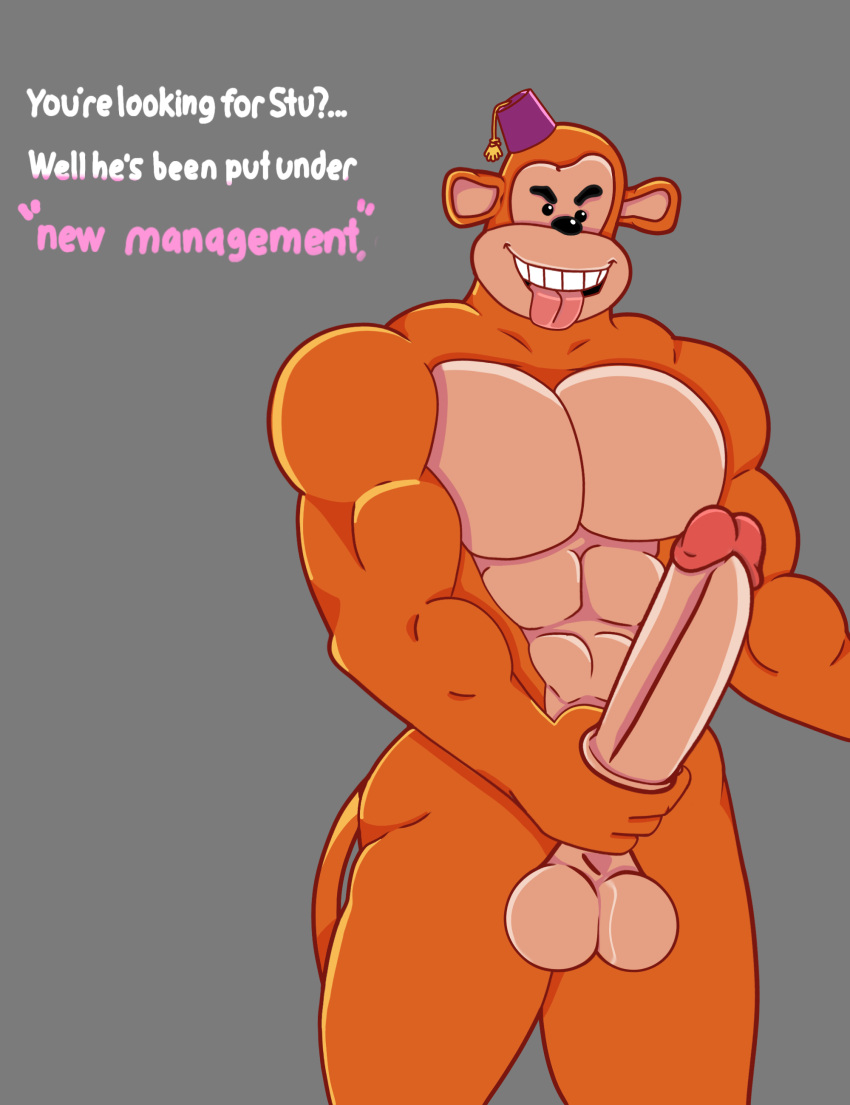 absurd_res anthro balls big_balls big_penis clothing english_text erection fez genitals haplorhine hat headgear headwear hehdgd hi_res holding_penis huge_penis hyper hyper_genitalia hyper_penis male mammal monkey monkeybone monkeybone_(character) muscular muscular_male penis primate smile solo text