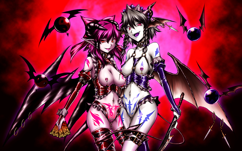 bat_wings bow braid breastless_clothes breasts choker clitoris_piercing clitoris_ring commentary_request crotchless_panties dark_persona demon_girl eyeshadow fangs frills hair_bow hakurei_reimu head_wings highres horns izayoi_sakuya large_breasts lipstick looking_at_viewer makeup md5_mismatch multiple_girls nail_polish naughty_face navel_piercing nipple_piercing nipple_rings nipples open_mouth pale_skin panties piercing pink_nails pointy_ears pubic_hair pussy pussy_juice red_eyes short_hair silver_hair smirk tail tattoo thigh_strap thighhighs tongue_piercing touhou twin_braids underwear weapon wings yuzu_momo