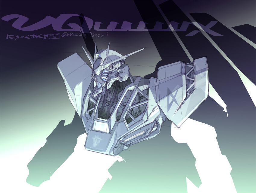 artist_name blue_eyes cable char's_counterattack choco_(chocolate_shop) commentary_request emblem gundam gundam_gquuuuuux highres mecha mecha_focus mobile_suit no_humans nu_gundam parody partially_colored redesign robot science_fiction sketch style_parody twitter_username v-fin