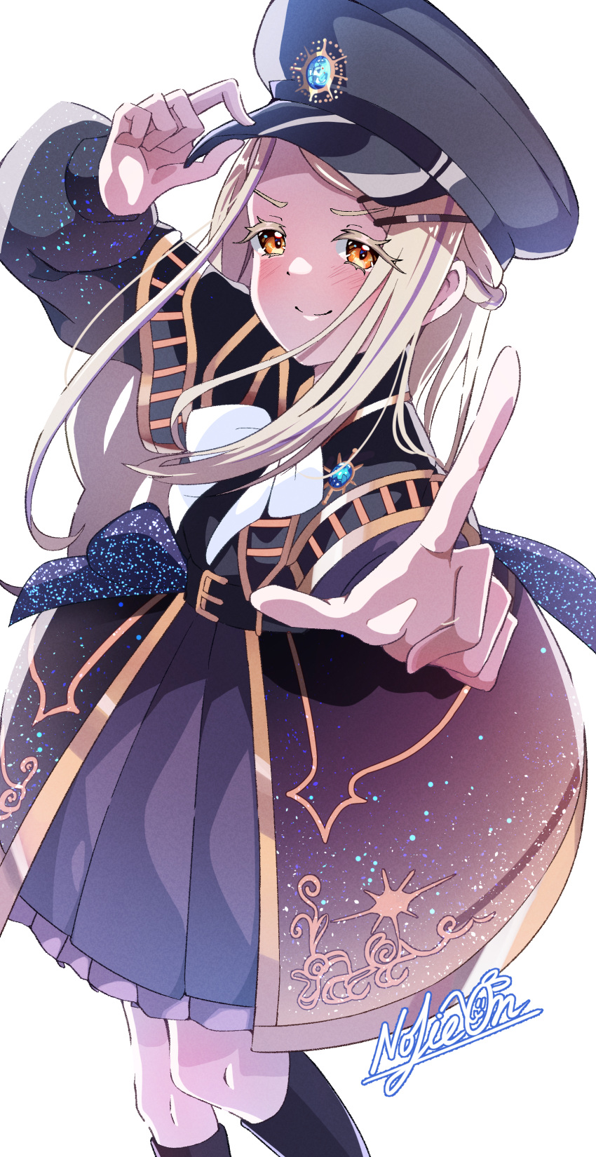 1girl absurdres alternate_costume belt black_belt black_boots black_dress black_hat blonde_hair blush boots bow collared_dress commentary_request dress feet_out_of_frame gakuen_idolmaster hair_ornament hairpin hat highres idolmaster knee_boots long_hair multicolored_hair orange_eyes outstretched_arm pleated_dress pointing pointing_at_viewer purple_hair shinosawa_hiro sidelocks signature simple_background smile solo standing streaked_hair swept_bangs vtitalianlion46 white_background white_bow