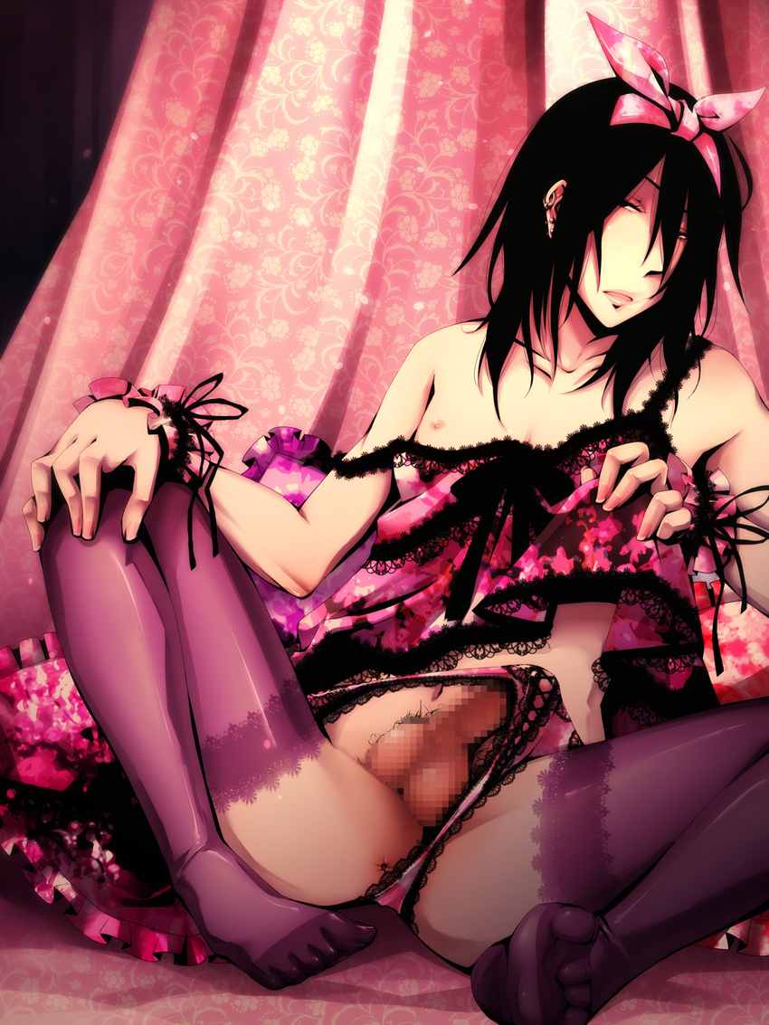 anus bad_anatomy bow censored copyright_request crossdressing earrings hair_bow highres jewelry lace lace-trimmed_thighhighs lingerie panties pd-x penis sitting strap_slip testicles thighhighs underwear