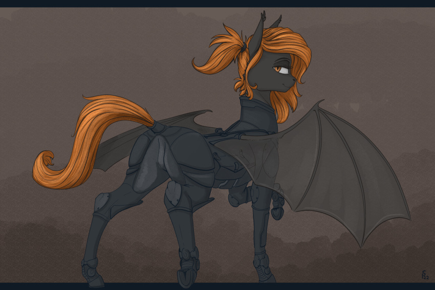 armor bat_pony clothed clothing digital_media_(artwork) equid equine fan_character female feral hair hasbro hi_res horse mammal membrane_(anatomy) membranous_wings my_little_pony orange_eyes orange_hair pony ponytail simple_background sneaking_suit solo stray_prey wings