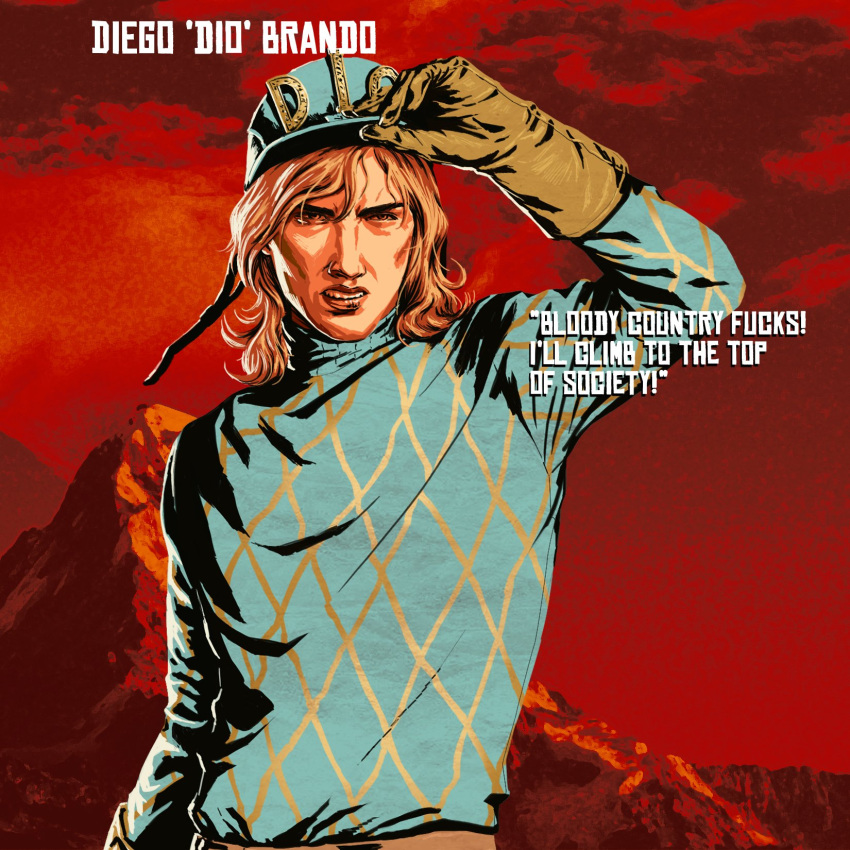 1boy adjusting_clothes adjusting_headwear arm_up bangs blonde_hair blue_headwear blue_sweater brown_gloves character_name cowboy_shot diego_brando english_text eyyobrar gloves hat highres jojo_no_kimyou_na_bouken long_sleeves looking_away male_focus parted_lips red_background red_dead_redemption solo standing steel_ball_run sweater teeth turtleneck