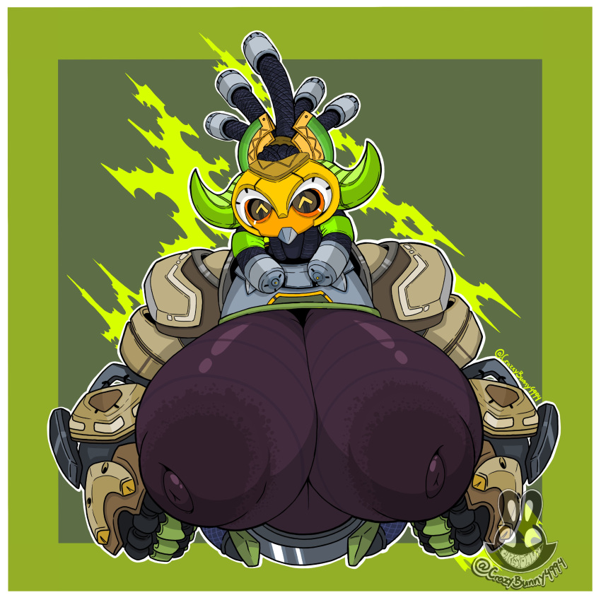 absurd_res areola armor big_breasts blizzard_entertainment breasts bust_portrait christomwow cleavage clothed clothing dark_body female happy hi_res horn huge_breasts humanoid inverted_nipples machine nipples omnic orisa_(overwatch) overwatch portrait puffy_areola puffy_nipples robot simple_background solo synthetic video_games