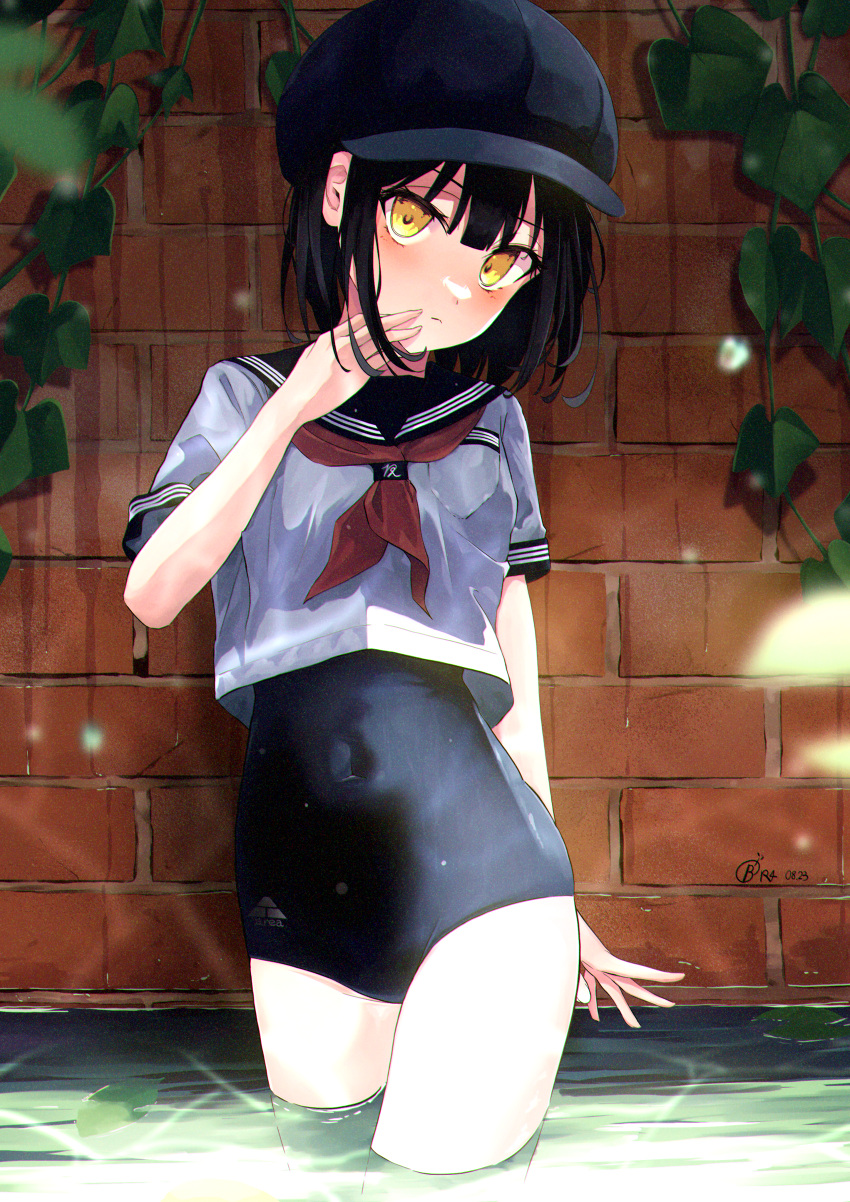 1girl absurdres arisugawa_bii black_hair black_headwear black_sailor_collar black_swimsuit brick_wall cabbie_hat commentary_request cowboy_shot hat highres neckerchief original plant red_neckerchief sailor_collar sailor_shirt school_swimsuit school_uniform serafuku shirt short_hair soaking_feet solo swimsuit swimsuit_under_clothes vines water yellow_eyes