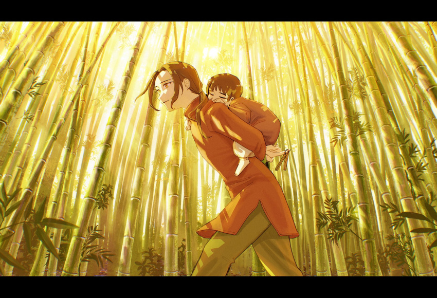 2boys axis_powers_hetalia bamboo bamboo_forest blue_kimono brown_eyes brown_hair carrying china_(hetalia) chinese_clothes fatherly forest highres japan_(hetalia) japanese_clothes kimono male_child multiple_boys nature pcpc_onaka piggyback ponytail side_slit sleeping younger yukata