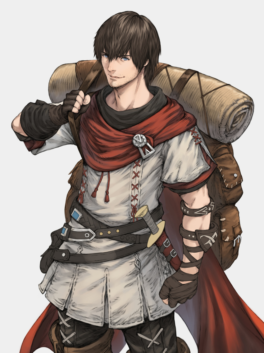 1boy adventurer_(ff14) arm_at_side arm_strap arm_wrap backpack bag bangs belt belt_pouch black_pants blue_eyes boots brown_footwear brown_gloves brown_hair cape clenched_hand cowboy_shot dagger elbow_gloves facial_hair final_fantasy final_fantasy_xiv fingerless_gloves from_side gloves grey_shirt hair_between_eyes hatching_(texture) highres holding_strap hyur knife looking_at_viewer makimura_shunsuke male_focus multiple_belts pants pouch red_cape sheath sheathed shirt short_hair short_sleeves simple_background smile solo standing stubble thigh_boots weapon white_background