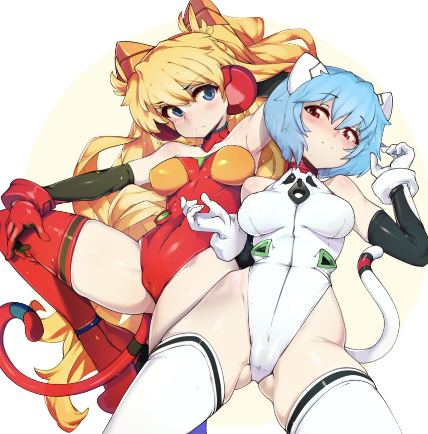 2girls absurdres animal_ears ass_visible_through_thighs ayanami_rei blonde_hair blue_eyes blue_hair blush breasts closed_mouth commentary covered_navel gloves highres leotard long_hair looking_at_viewer medium_breasts multiple_girls neon_genesis_evangelion red_eyes red_gloves red_leotard red_thighhighs short_hair slugbox souryuu_asuka_langley symbol-only_commentary tail thighhighs thighs white_gloves white_leotard white_thighhighs