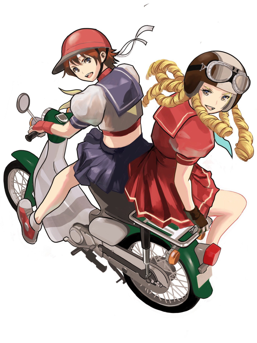 2girls blonde_hair blue_skirt brown_hair eyewear_on_headwear fingerless_gloves from_above gloves ground_vehicle headband helmet highres kanzuki_karin kasugano_sakura long_hair looking_at_viewer meke_(77842928) motor_vehicle motorcycle motorcycle_helmet multiple_girls open_mouth red_serafuku red_skirt ringlets school_uniform serafuku short_hair simple_background sitting sitting_on_object skirt smile street_fighter street_fighter_zero_(series) white_background white_headband white_serafuku