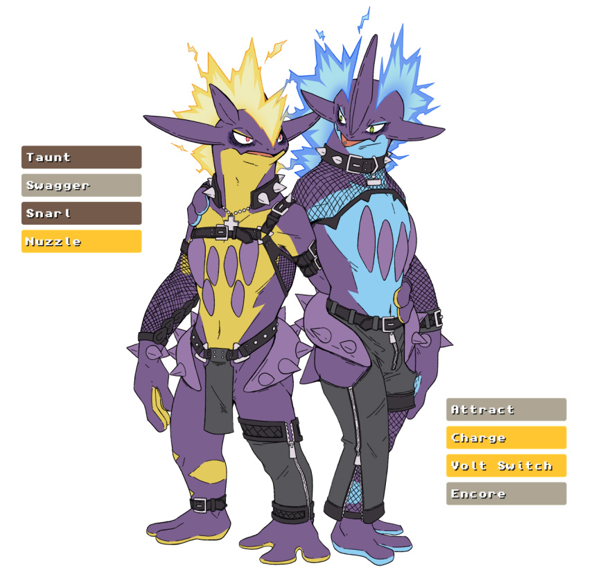 amped_toxtricity anthro codedraite collar duo electricity fishnet_clothing generation_8_pokemon harness hi_res leather low_key_toxtricity male mohawk nintendo pok&eacute;mon pokemon_(species) purple_body slutty_clothing spiked_collar spikes tongue tongue_out toxtricity video_games
