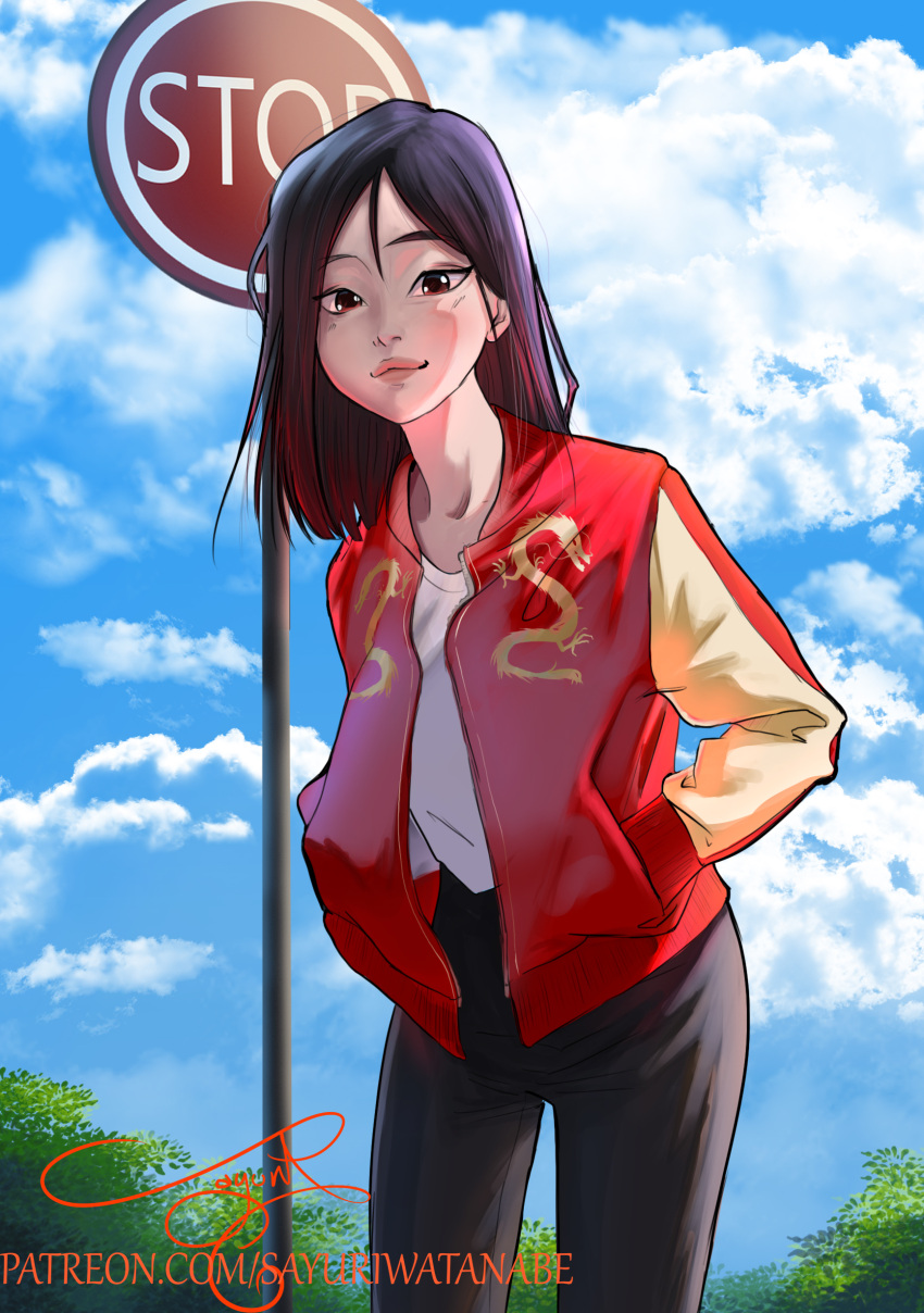 1girl absurdres alternate_costume artist_name black_hair black_pants blue_sky cloud cloudy_sky contemporary cowboy_shot fa_mulan_(disney) hands_in_pockets highres jacket leaf looking_at_viewer medium_hair mulan pants plant red_eyes red_jacket road_sign sayuri_watanabe shirt shirt_tucked_in sign sky smile solo stop_sign tree white_shirt