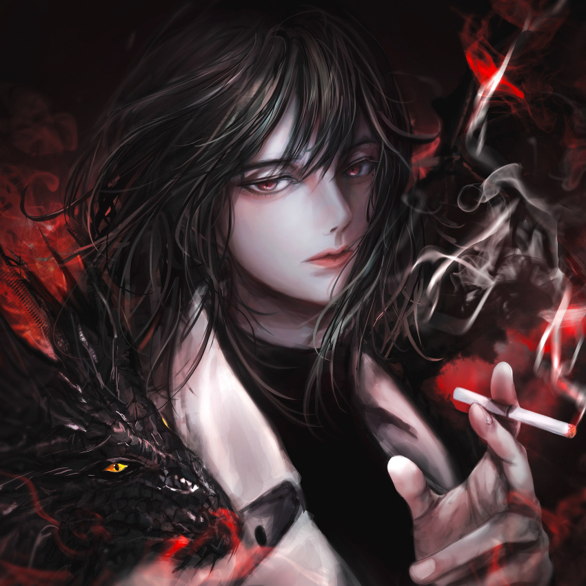 1girl absurdres black_hair cigarette dante dark_background dragon highres holding holding_cigarette korean_commentary lips looking_at_viewer medium_hair omniscient_reader's_viewpoint portrait red_background red_eyes smoke smoking solo sooyoung_han western_dragon
