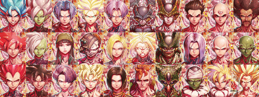2girls 6+boys amaguchi_chiyoko android android_16 android_17 android_18 angry bald bangs black_hair blonde_hair blue_eyes blue_hair cell_(dragon_ball) cell_junior clenched_teeth colored_skin cyborg dragon_ball dragon_ball_super dragon_ball_z earrings expressionless frieza glowing glowing_eyes goku_black green_skin grin highres imperfect_cell jewelry kuririn long_hair looking_at_viewer mai_(dragon_ball) mr._satan multiple_boys multiple_girls namekian orange_hair parted_bangs perfect_cell piccolo pink_hair potara_earrings red_eyes scar scar_on_face semi-perfect_cell short_hair smile smirk son_gohan son_gohan_(future) son_goku spiked_hair super_saiyan super_saiyan_blue super_saiyan_god super_saiyan_rose teeth tenshinhan third_eye trunks_(dragon_ball) trunks_(future)_(dragon_ball) trunks_(future)_(xeno)_(dragon_ball) vegeta vegetto white_hair yamcha zamasu