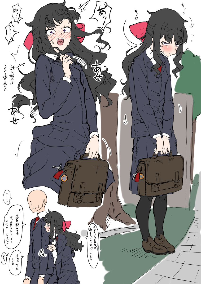 1boy 1girl :d absurdres bag black_hair black_thighhighs blazer blush faceless faceless_male highres jacket loafers long_hair looking_at_viewer multiple_views necktie original purple_eyes s_k_(shiro_karasu) school_bag school_uniform shoes smile sweat teeth thighhighs translation_request