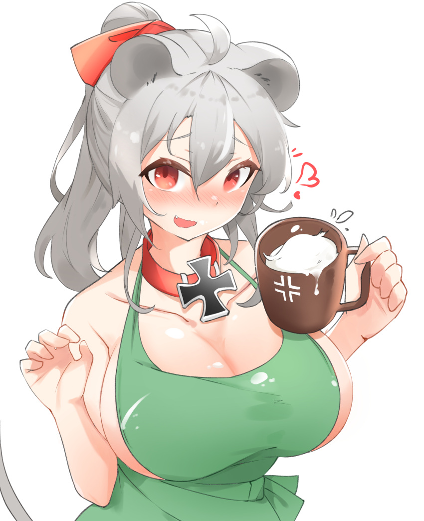 1girl absurdres animal_ears apron bare_shoulders blush breasts cleavage cup daebom green_apron grey_hair hair_between_eyes hair_ornament heart highres holding holding_cup large_breasts long_hair looking_at_viewer maus_(daebom) military milk mouse_ears original personification ponytail red_eyes sideboob solo