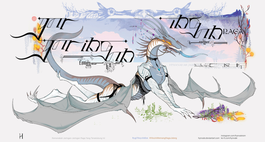 abstract_background action_pose anthro blue_body blue_tongue brown_body classical clothing collar dragon female grey_body hi_res hynvale leaf licking lingerie nature neck_collar pinup pose raised_tail renaissance rygi'rayutaliza scalie silver_body solo tail_motion tailwag text tongue tongue_out typography url western_dragon wings