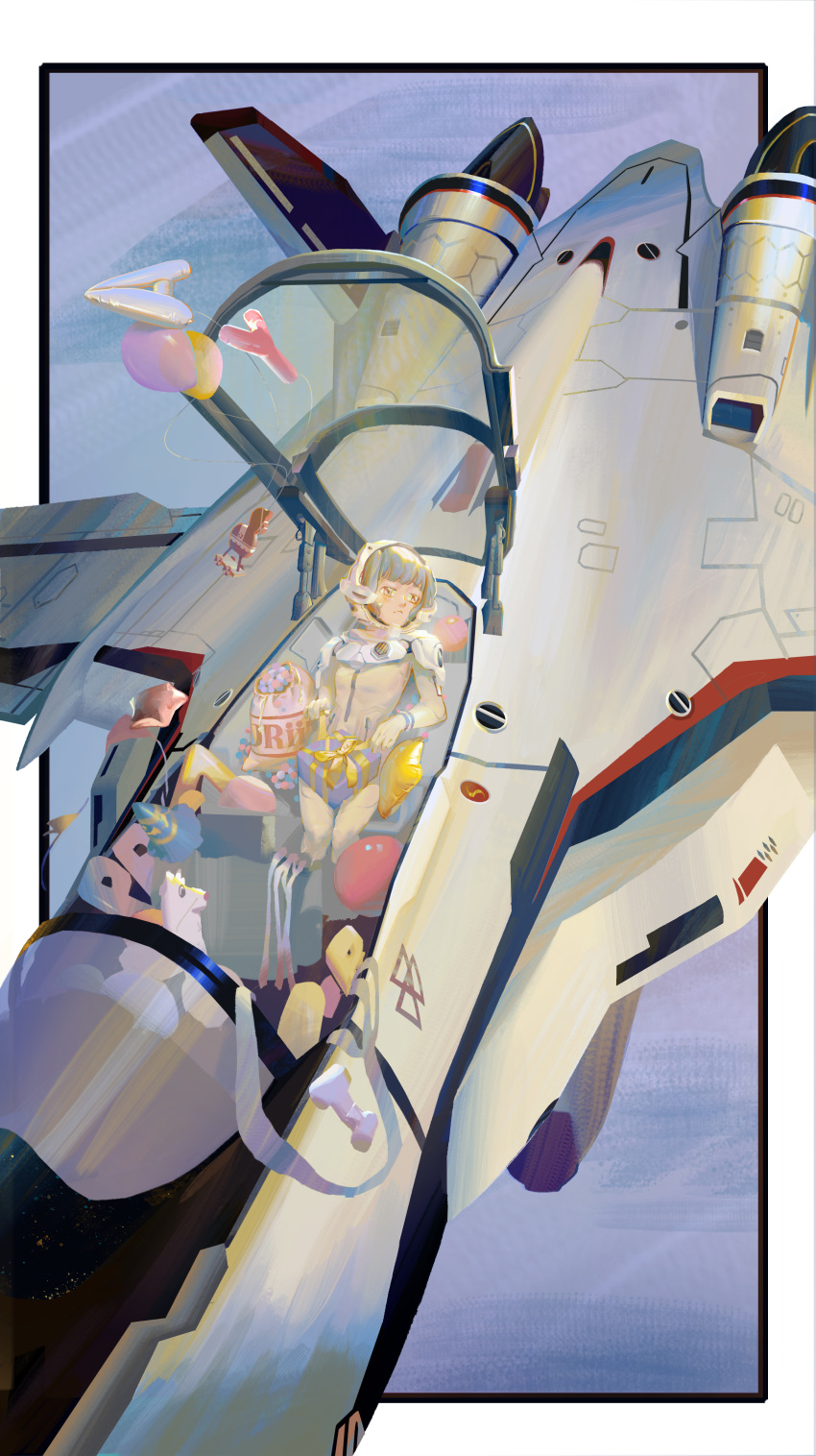 1girl absurdres bag balloon balloon_animal balloon_flower gift hat helmet highres illustrator looking_to_the_side macross macross_frontier mecha ranka_lee robot roundel s.m.s. sad science_fiction sitting spacesuit toy user_krty4337 variable_fighter vf-25