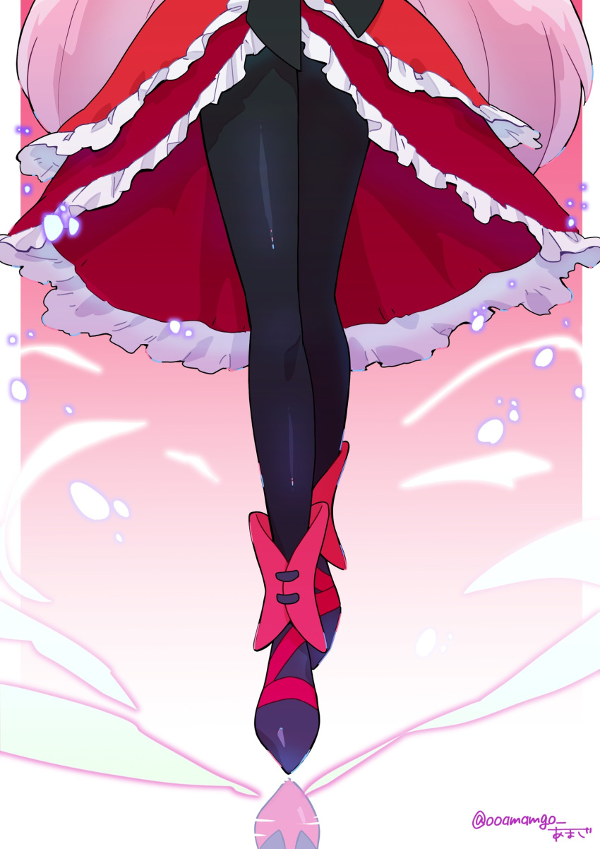 1girl amesafu black_pantyhose cure_passion fresh_precure! frilled_skirt frills highres layered_skirt long_hair pantyhose pink_hair precure red_skirt shiny shiny_clothes shiny_legwear skirt solo twitter_username very_long_hair