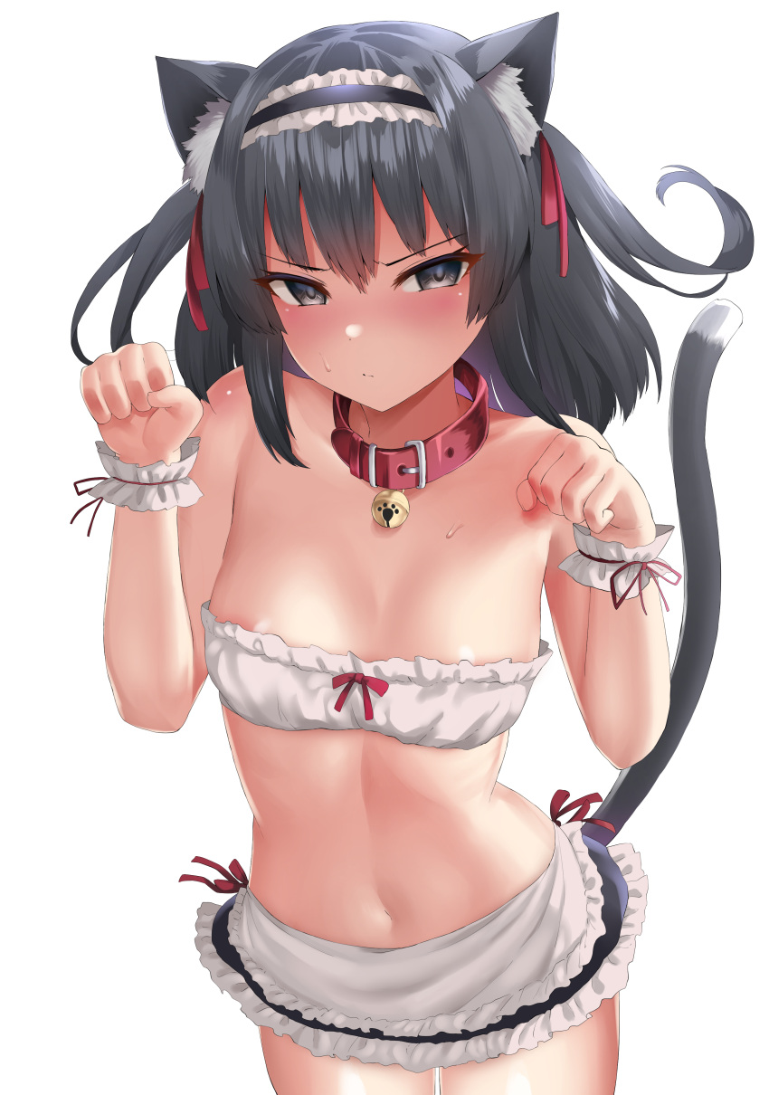 1girl absurdres animal_ear_fluff animal_ears apron areola_slip bangs bell black_eyes black_hair black_hairband black_skirt bra breasts cat_ears cat_girl cat_tail closed_mouth collar commentary_request dawit frilled_apron frilled_skirt frills hair_ribbon hairband hands_up highres jingle_bell medium_hair miniskirt navel neck_bell no_shirt original paid_reward_available paw_pose red_collar red_ribbon ribbon ribbon_bra simple_background skirt small_breasts solo stomach tail tsurime underwear waist_apron white_background white_bra wrist_cuffs