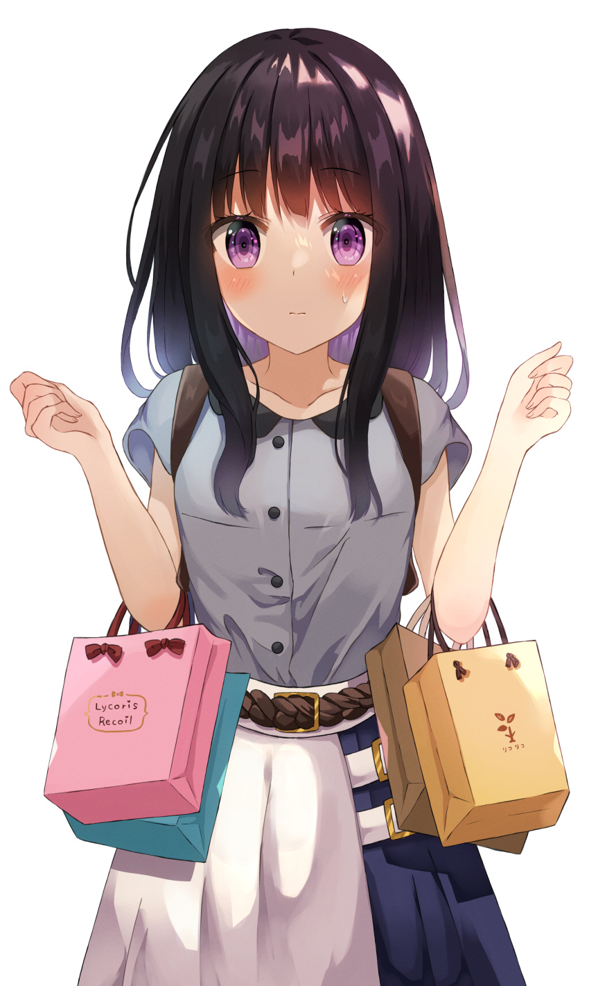 1girl absurdres bag bangs black_hair blue_skirt blush closed_mouth collarbone commentary_request copyright_name grey_shirt highres inoue_takina long_hair looking_at_viewer lycoris_recoil purple_eyes rope_belt shirt shopping_bag short_sleeves simple_background skirt solo two-tone_skirt white_background white_skirt yuno_(suke_yuno)