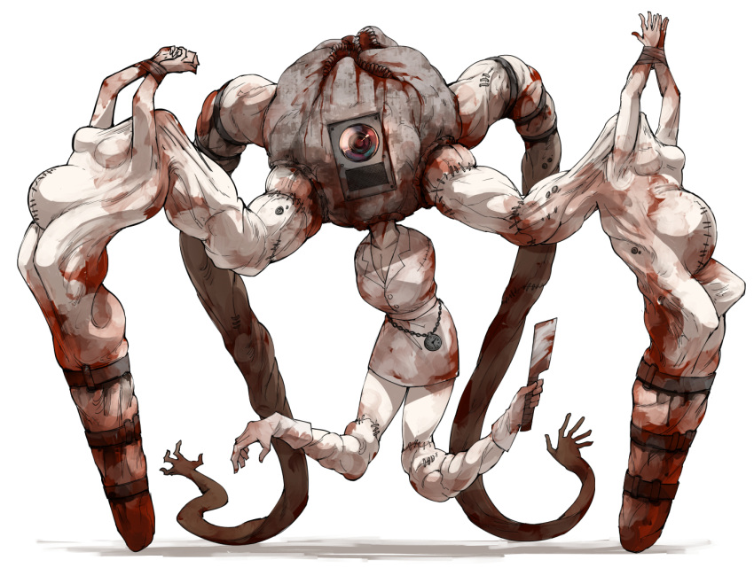 breasts cleavage cleaver eldritch_abomination extra_arms extra_mouth holding holding_weapon horror_(theme) kankan33333 looking_at_viewer monster nurse original pocket_watch simple_background stitched_hand straitjacket tentacles watch weapon white_background