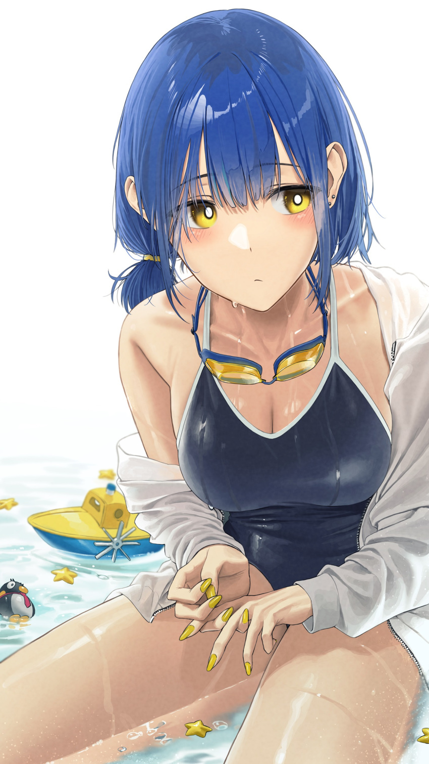 1girl absurdres bangs blue_hair blue_swimsuit blush breasts cleavage closed_mouth ear_piercing goggles goggles_around_neck highres jacket large_breasts long_sleeves looking_away medium_hair nail_polish noeru off_shoulder one-piece_swimsuit open_clothes open_jacket original piercing sideways_glance solo star_(symbol) swimsuit white_jacket yellow_eyes yellow_nails