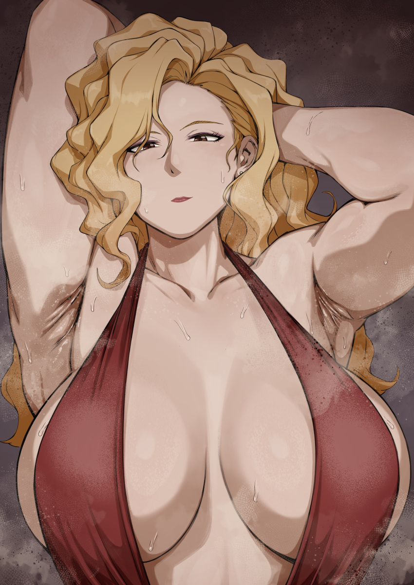 1girl absurdres akinaiyo armpit_crease armpits arms_behind_head blonde_hair breasts brown_eyes collarbone dress eyeliner golden_boy hands_in_hair highres huge_breasts makeup mature_female onna_shachou red_dress revealing_clothes solo steaming_body sweat