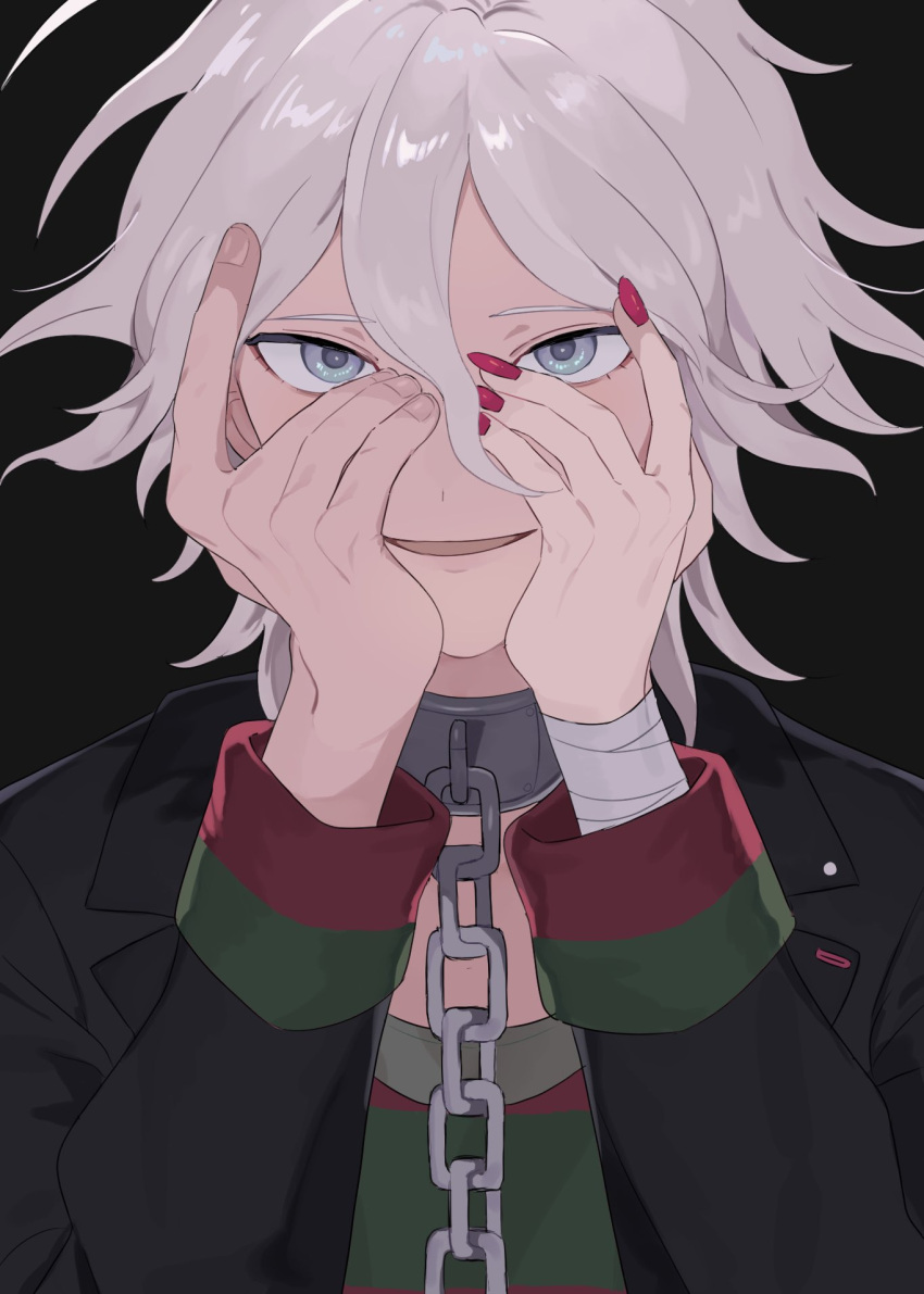 1boy :d bandaged_arm bandages bangs black_background black_jacket chain collar danganronpa_(series) danganronpa_another_episode:_ultra_despair_girls green_shirt grey_eyes grey_hair hands_on_own_face hands_up highres jacket komaeda_nagito long_sleeves male_focus me1j1 medium_hair metal_collar nail_polish open_clothes open_jacket open_mouth red_nails servant_(danganronpa) shiny shiny_hair shirt simple_background smile solo