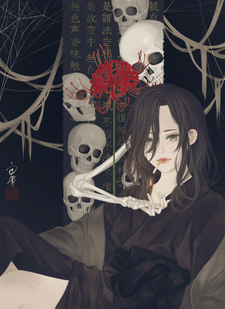 1girl 1other black_background black_hair black_kimono black_sash cigarette closed_mouth coat flower grey_coat grey_eyes hair_over_one_eye highres holding holding_matchstick japanese_clothes kimono lighting_cigarette long_hair long_sleeves looking_at_viewer matchstick original red_flower sash seal_impression signature silk sitting skeleton skull smoking spider_lily spider_web translation_request undead ushiyama_ame