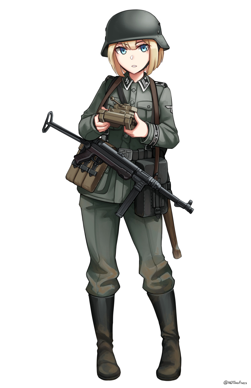 1girl absurdres bangs black_footwear blonde_hair blue_eyes boots collared_jacket commentary_request commission grey_headwear grey_jacket grey_pants ground_vehicle gun hair_between_eyes helmet highres holding jacket knee_boots military military_vehicle motor_vehicle mp40 ndtwofives original pants panzerkampfwagen_iv parted_lips simple_background solo submachine_gun tank twitter_username weapon white_background