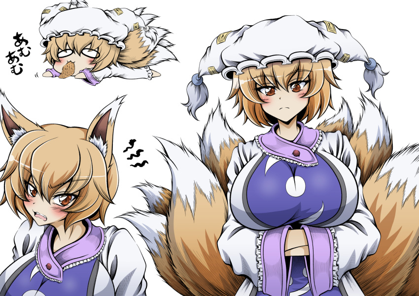 1girl animal_ears blonde_hair breasts chibi dress fox_ears fox_tail frilled_dress frills hands_in_opposite_sleeves hat hidefu_kitayan highres large_breasts long_sleeves multiple_tails pillow_hat short_hair solo tabard tail touhou white_dress wide_sleeves yakumo_ran yellow_eyes