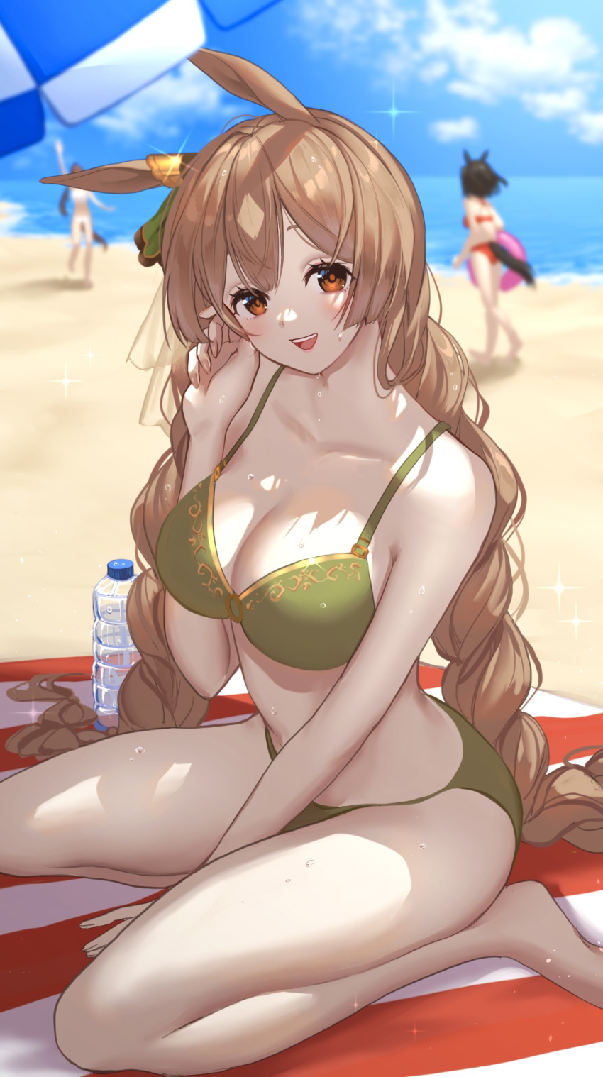 3girls :d animal_ears beach bikini black_hair blue_sky blurry blurry_background bottle braid breasts brown_hair character_request cleavage cloud day ear_ribbon green_bikini green_ribbon highres horse_ears horse_girl horse_tail iwashi_111 kitasan_black_(umamusume) long_hair medium_breasts multiple_girls ocean outdoors parasol red_bikini ribbon sand satono_diamond_(umamusume) sitting sky smile swimsuit tail teeth twin_braids umamusume umbrella upper_teeth wariza water_bottle wet