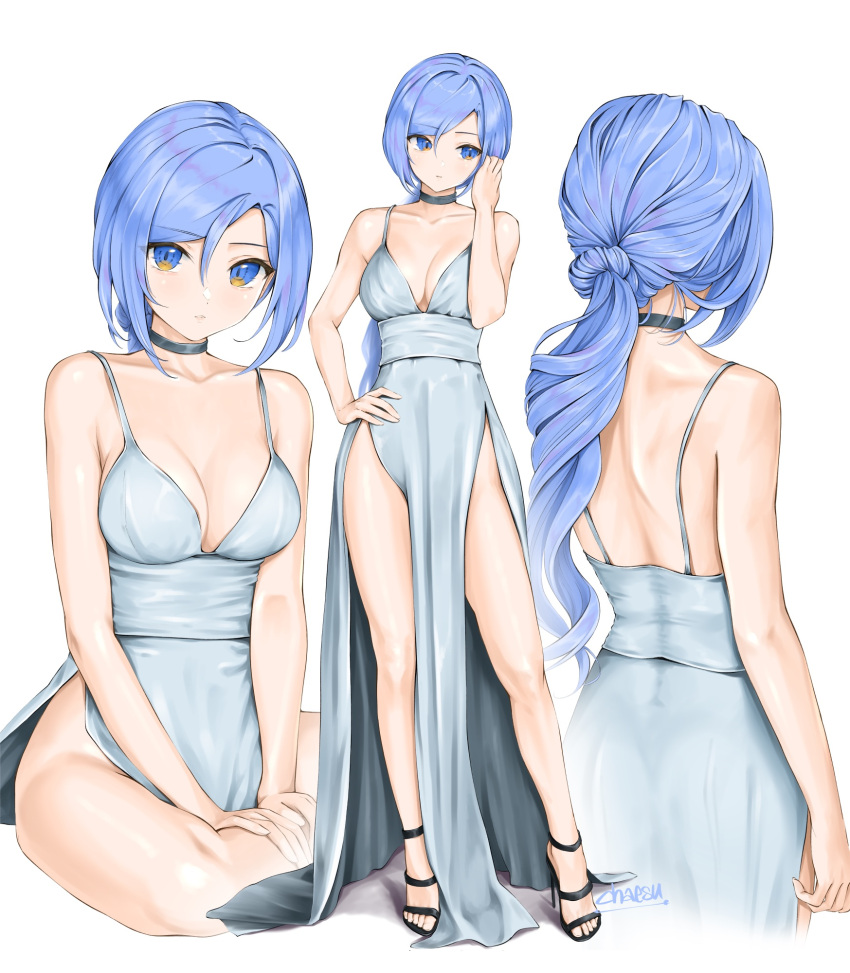1girl alternate_hairstyle armpit_crease back bangs bare_arms bare_back bare_legs bare_shoulders black_footwear blue_eyes blue_hair breasts chaesu cleavage commentary dress english_commentary facing_away full_body gradient_eyes grey_choker grey_dress hair_between_eyes hand_on_hip high_heels highres indian_style long_dress long_hair low_ponytail medium_breasts minah_(chaesu) multicolored_eyes multiple_views no_panties original pelvic_curtain ponytail ringlets shoulder_blades side_slit signature simple_background sitting sleeveless sleeveless_dress spaghetti_strap standing strappy_heels swept_bangs thighs very_long_hair white_background