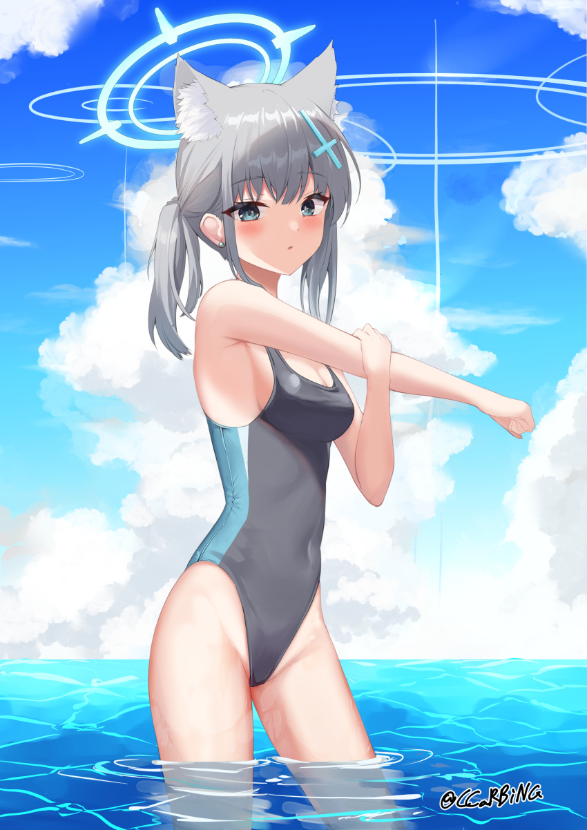 1girl absurdres animal_ear_fluff animal_ears bangs black_swimsuit blue_archive blue_eyes blue_sky breasts cloud commentary_request competition_swimsuit contrail covered_navel cross_hair_ornament extra_ears grey_hair hair_ornament halo highres horizon looking_at_viewer low_ponytail m1a1carbine medium_breasts medium_hair mismatched_pupils multicolored_clothes multicolored_swimsuit one-piece_swimsuit shiroko_(blue_archive) shiroko_(swimsuit)_(blue_archive) sky soaking_feet solo standing swimsuit water