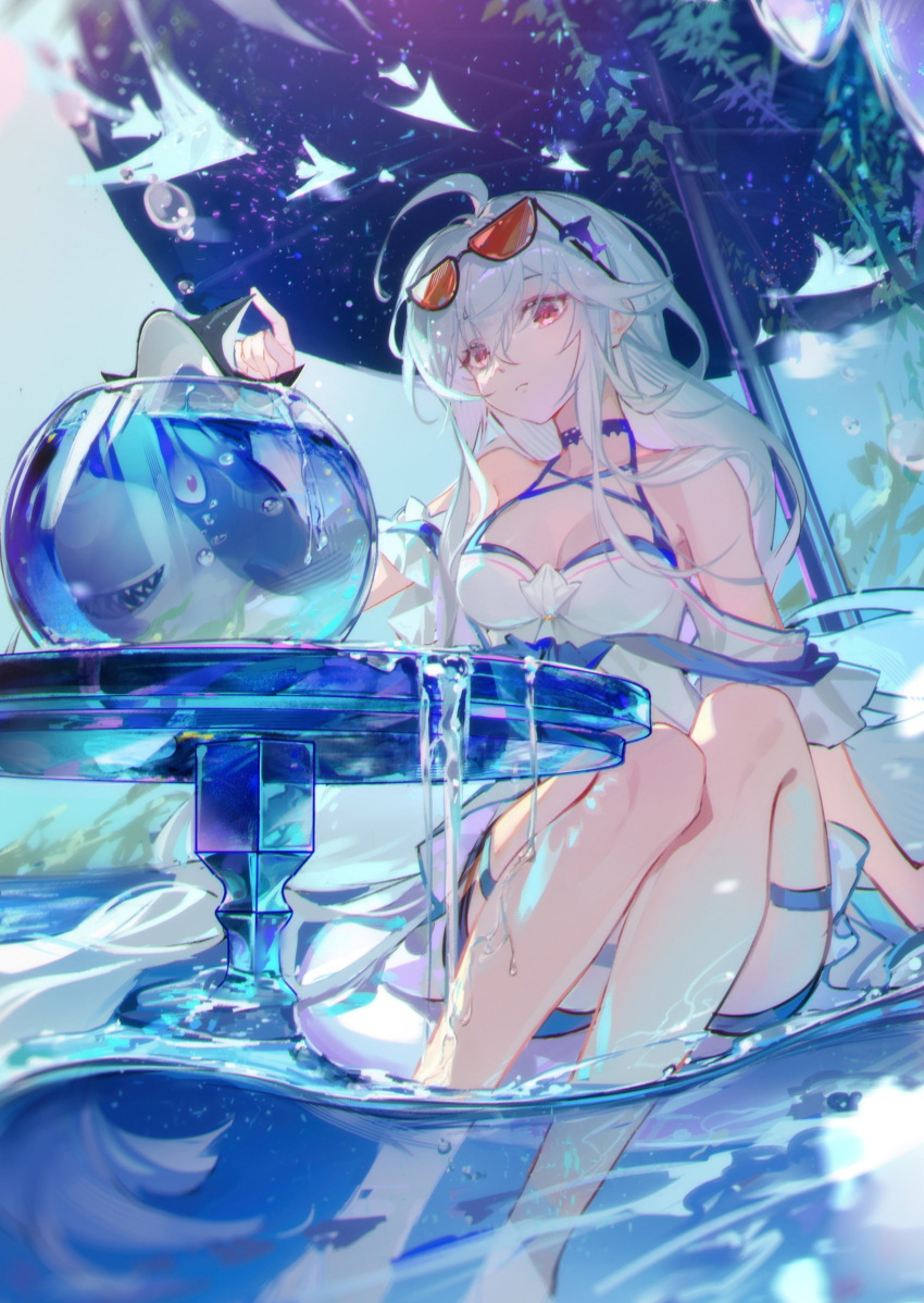 1girl ahoge arknights bare_shoulders beach_umbrella blue_shorts breasts cleavage closed_mouth crow_yayu day expressionless eyewear_on_head feet_out_of_frame fishbowl grey_hair highres long_hair medium_breasts official_alternate_costume orca_hair_ornament outdoors red-tinted_eyewear red_eyes shark shirt short_shorts shorts sitting skadi_(arknights) skadi_(waverider)_(arknights) soaking_feet solo sunglasses table thigh_strap tinted_eyewear umbrella very_long_hair water white_shirt