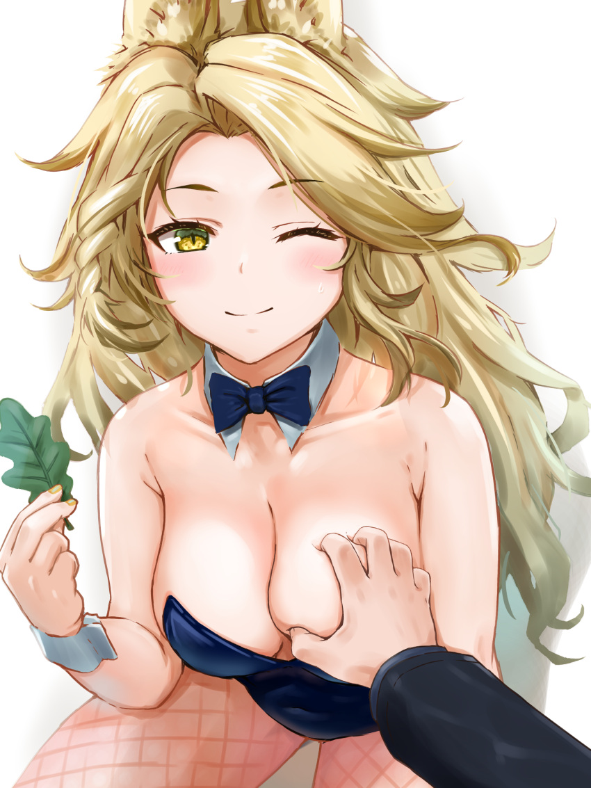 1girl ;) animal_ears arknights bad_proportions bare_arms bare_shoulders blonde_hair blue_bow blue_bowtie blue_leotard bow bowtie breast_grab breasts cleavage detached_collar fishnet_pantyhose fishnets fox_ears grabbing hand_up highres holding holding_leaf large_breasts leaf leotard long_hair looking_at_viewer one_eye_closed pantyhose quercus_(arknights) simple_background sitting smile solo_focus strapless strapless_leotard white_background yellow_eyes yukinoshiro