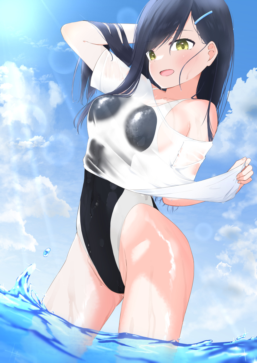 1girl absurdres black_hair black_swimsuit blue_sky breasts cloud commentary_request competition_swimsuit cowboy_shot day go-toubun_no_hanayome hair_ornament hairclip highleg highleg_swimsuit highres long_hair medium_breasts one-piece_swimsuit outdoors shirt sky soaking_feet solo swimsuit t-shirt takebayashi_(go-toubun_no_hanayome) water wet wet_clothes white_shirt yakutashi yellow_eyes