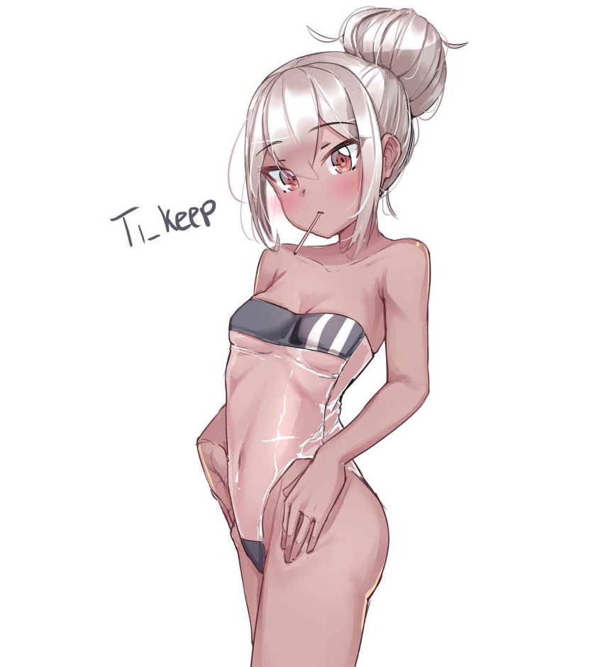 1girl artist_name bare_shoulders black_swimsuit breasts brown_eyes candy casual_one-piece_swimsuit cleavage collarbone covered_navel cowboy_shot dark_skin double_vertical_stripe food food_in_mouth grey_hair gris_swimsuit groin hair_between_eyes hair_bun hands_on_hips highleg highleg_swimsuit highres lollipop looking_at_viewer meme_attire one-piece_swimsuit original see-through see-through_swimsuit shiny shiny_clothes sidelocks simple_background small_breasts solo strapless strapless_swimsuit swimsuit ti_keep tsurime underboob white_background