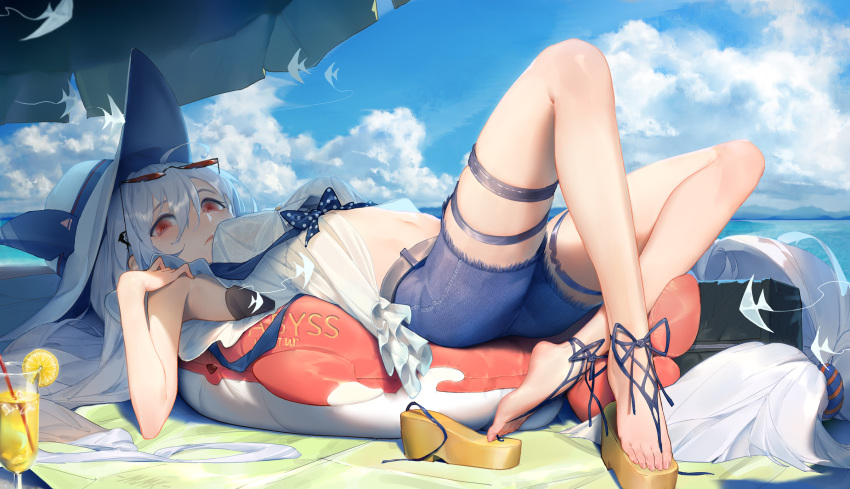 1girl arknights bangs bare_arms bare_shoulders barefoot beach_towel beach_umbrella belt blue_shorts blue_sky breasts canzhajiang cloud cup day drink drinking_glass drinking_straw eyewear_on_head feet fish food fruit full_body grey_hair hair_between_eyes hat highres inflatable_orca inflatable_toy legs lemon lemon_slice long_hair looking_back low-tied_long_hair medium_breasts navel official_alternate_costume orca_hair_ornament outdoors parted_lips red_eyes sandals short_shorts shorts single_sandal skadi_(arknights) skadi_(waverider)_(arknights) sky solo stomach sun_hat sunglasses thigh_strap toes towel umbrella very_long_hair white_headwear