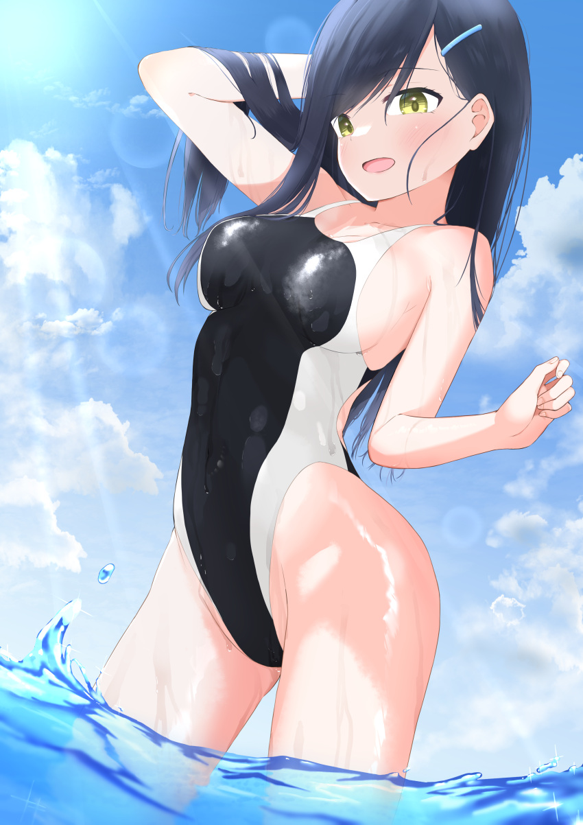 1girl absurdres black_hair black_swimsuit blue_sky breasts cloud commentary_request competition_swimsuit cowboy_shot day go-toubun_no_hanayome hair_ornament hairclip highleg highleg_swimsuit highres long_hair medium_breasts one-piece_swimsuit outdoors sky soaking_feet solo swimsuit takebayashi_(go-toubun_no_hanayome) water wet wet_clothes yakutashi yellow_eyes