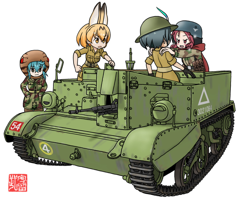 4girls alternate_costume blue_hair breast_pocket camouflage camouflage_jacket caterpillar_tracks character_request gun hair_between_eyes hands_in_pockets hat_feather headwear_removed helmet helmet_removed jacket kaban_(kemono_friends) kemono_friends long_hair m.wolverine machine_gun medium_hair multiple_girls pocket red_hair rivets serval_(kemono_friends) sleeves_rolled_up tsuchinoko_(kemono_friends) universal_carrier weapon white_background yellow_eyes