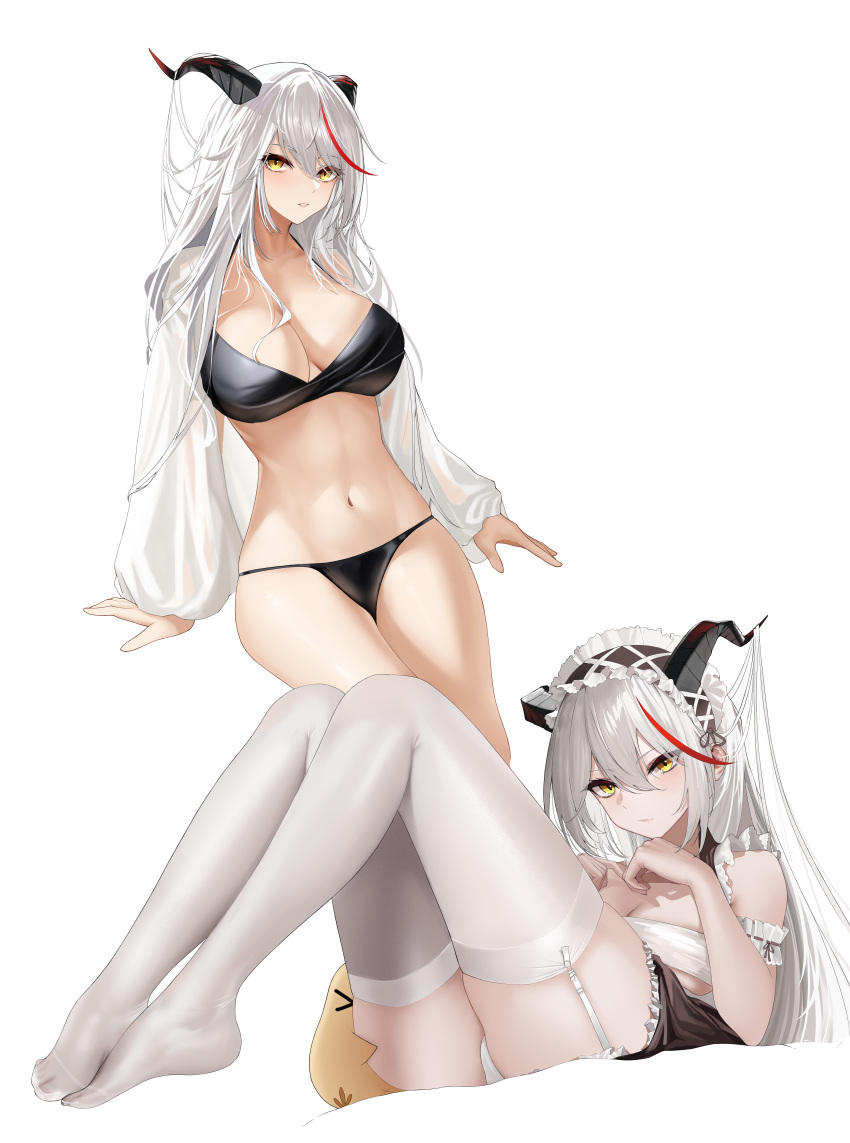 &gt;_&lt; 1girl :/ absurdres aegir_(azur_lane) aegir_(iron_blood's_dragon_maid)_(azur_lane) arm_garter arms_at_sides azur_lane bikini black_bikini black_skirt breasts cleavage closed_mouth feet_up frilled_hairband frilled_skirt frills full_body garter_straps hair_between_eyes hair_on_horn hairband highres horns hs_(user_hvww8443) knees_up large_breasts legs_together long_hair lying maid maid_headdress manjuu_(azur_lane) mechanical_horns multicolored_hair multiple_views navel no_shoes official_alternate_costume on_back open_clothes open_shirt panties parted_lips red_hair see-through see-through_legwear shirt simple_background skirt stomach streaked_hair swimsuit thighhighs two-tone_hairband underwear white_background white_hair white_hairband white_panties white_shirt white_thighhighs yellow_eyes