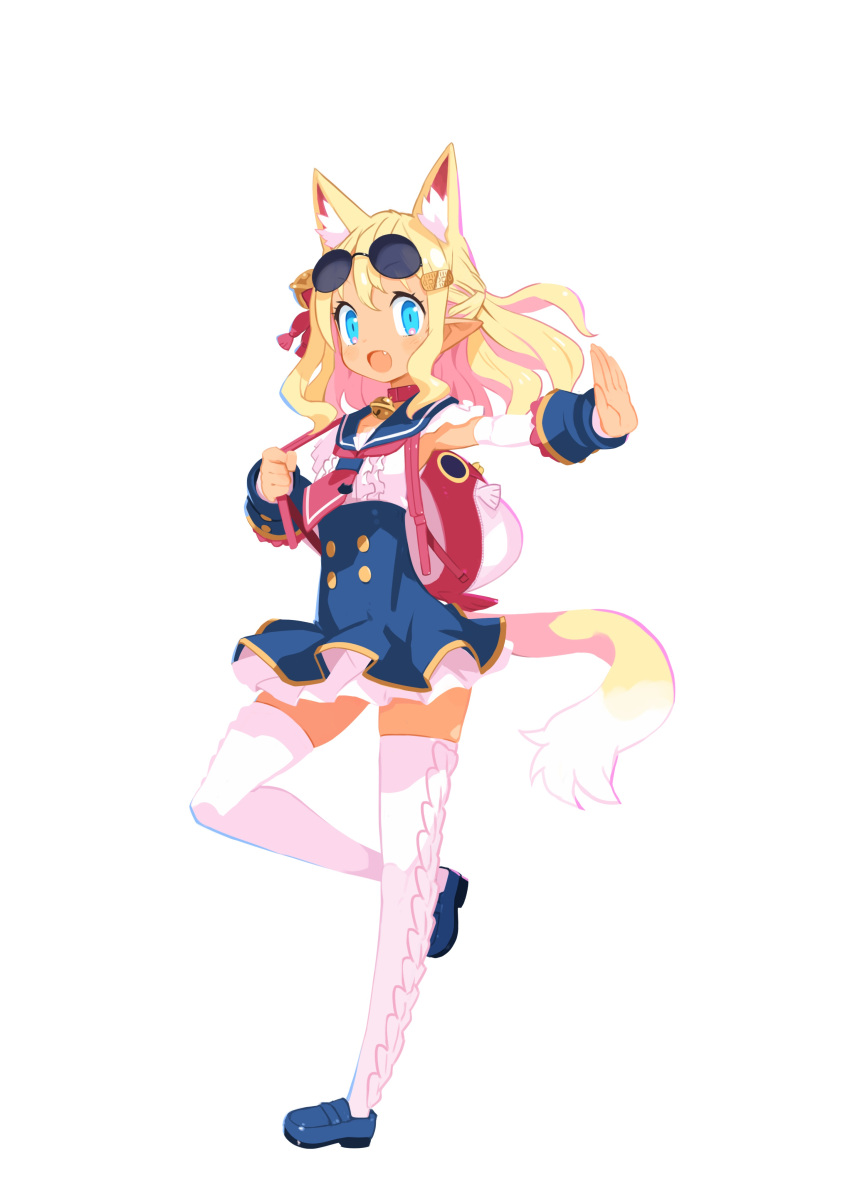 1girl absurdres animal_ear_fluff animal_ears backpack bag blonde_hair blue_eyes blue_footwear blue_skirt coin detached_sleeves disgaea dog_ears dog_girl dog_tail extra_ears fang full_body gold hair_ornament high-waist_skirt highres koban_(gold) loafers makai_senki_disgaea_7 nagano_tsukasa neckerchief open_mouth outstretched_arm photoshop_(medium) pointy_ears shoes simple_background skirt solo strap_pull tail thighhighs white_background white_thighhighs zettai_ryouiki