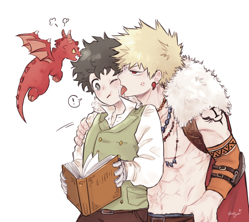 ! 2boys abs alternate_eye_color alternate_hair_color anger_vein angry aqistory bakugou_katsuki belt black_eyes black_hair blonde_hair boku_no_hero_academia book brown_pants cape commentary detached_sleeves dragon earrings elbow_pads english_commentary freckles fur-trimmed_cape fur_trim gloves green_vest hand_on_another's_shoulder highres holding holding_book jewelry licking licking_another's_face long_sleeves male_focus midoriya_izuku mini_dragon multiple_boys necklace nipples official_alternate_costume one_eye_closed open_mouth orange_sleeves pants pectorals red_cape red_eyes saliva shirt short_hair shoulder_tattoo signature simple_background spiked_hair spoken_exclamation_mark standing tattoo topless_male upper_body vest white_background white_shirt yaoi