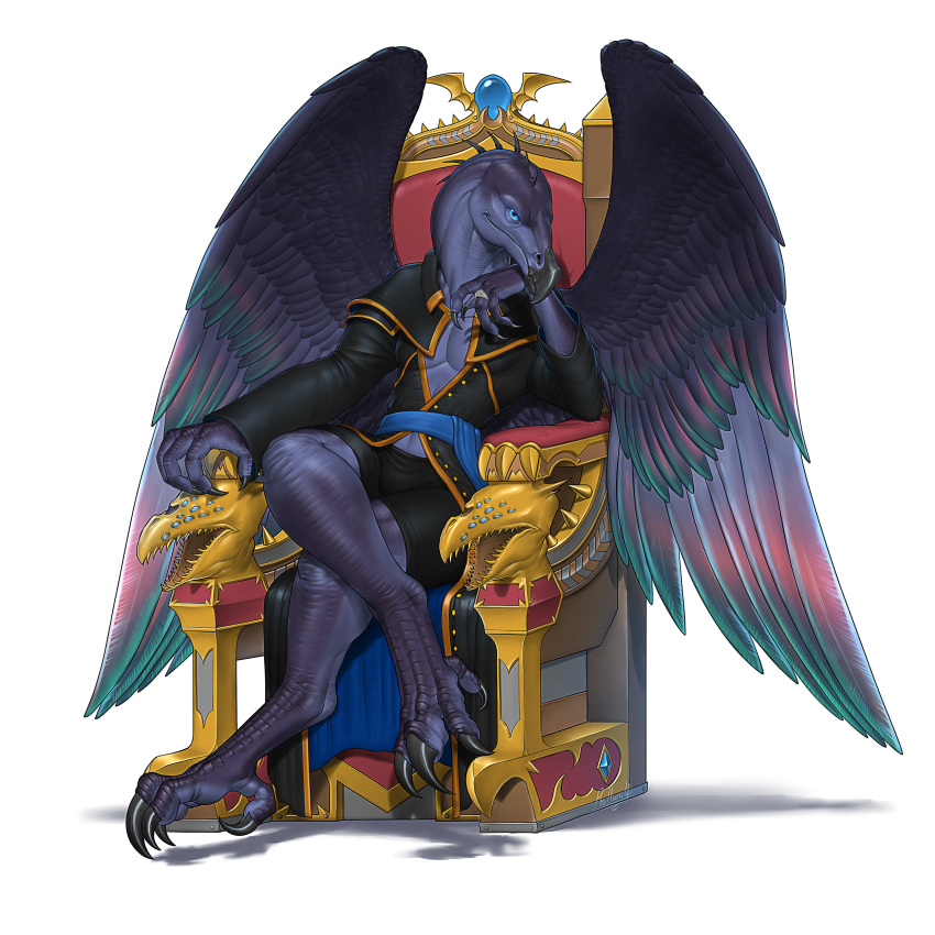 1:1 2017 absurd_res ambiguous_gender anthro avian barefoot beak black_beak black_claws blue_eyes chair claws clothing colored crossed_legs daemon_of_tzeentch digital_media_(artwork) feathered_wings feathers feet furniture hi_res looking_at_viewer lord_of_change purple_body ring rollwulf shaded sitting solo talons warhammer_(franchise) warhammer_40000 warhammer_fantasy wings