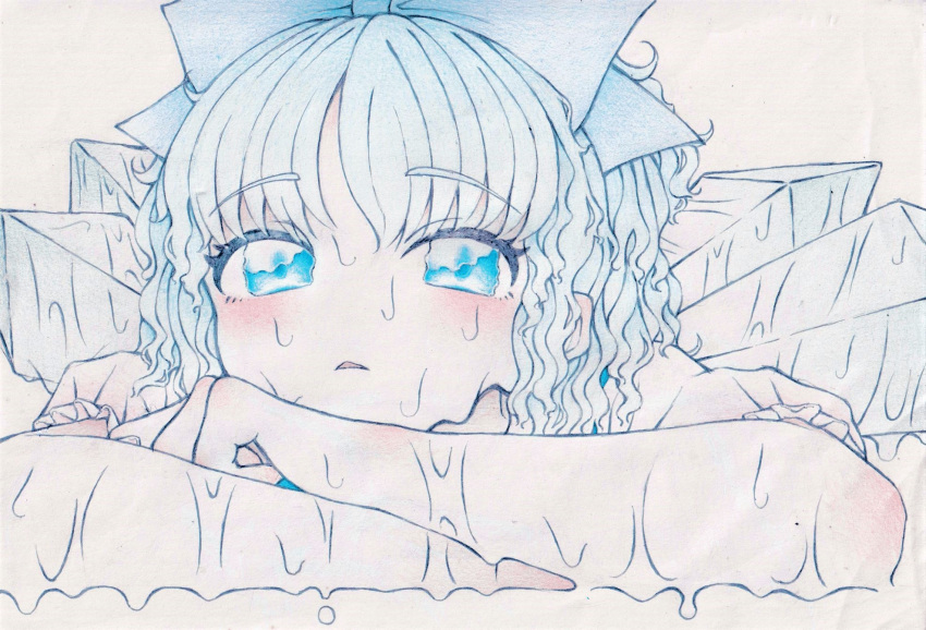 1girl bangs blue_bow blue_eyes blue_hair blush bow cirno commentary crossed_arms frown hair_bow head_on_arm highres hot ice ice_wings iigudaguda1122 looking_at_viewer medium_hair melting open_mouth shirt short_sleeves simple_background solo summer sweat touhou traditional_media triangle_mouth wavy_eyes wavy_hair wet white_background white_shirt wings