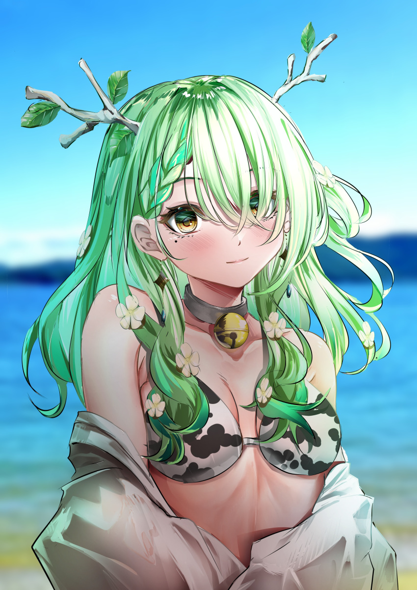 1girl absurdres armpit_crease bare_shoulders beach bikini blue_sky blush braid branch breasts ceres_fauna choker collarbone commentary english_commentary green_hair highres hololive hololive_english horns kamixtuteru leaf looking_at_viewer medium_breasts medium_hair ocean outdoors sky solo standing swimsuit undressing upper_body wavy_hair yellow_eyes