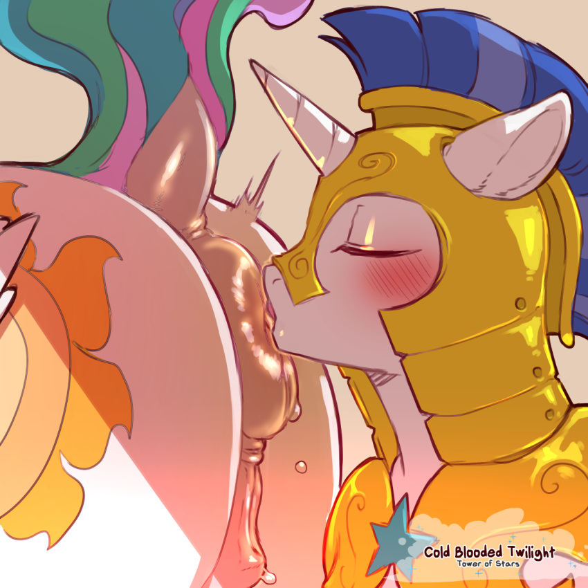 1:1 2022 anal anus blush butt cold-blooded-twilight cutie_mark digital_media_(artwork) dock duo english_text equid equine eyes_closed faceless_character faceless_female female feral friendship_is_magic genitals hasbro hi_res horn mammal multicolored_tail my_little_pony oral princess_celestia_(mlp) pussy rimming royal_guard_(mlp) sex simple_background solo_focus text unicorn