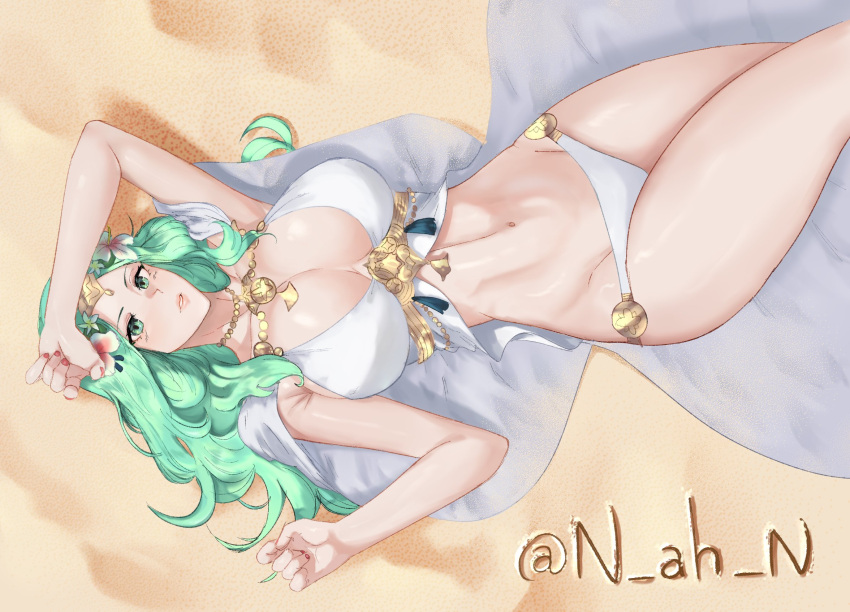 1girl alternate_costume beach bikini blush breasts cape cleavage fire_emblem fire_emblem:_three_houses fire_emblem_heroes flower green_eyes green_hair hair_flower hair_ornament highres large_breasts long_hair lying n_ah_n navel official_alternate_costume on_back rhea_(fire_emblem) sand solo swimming swimsuit wavy_hair white_bikini