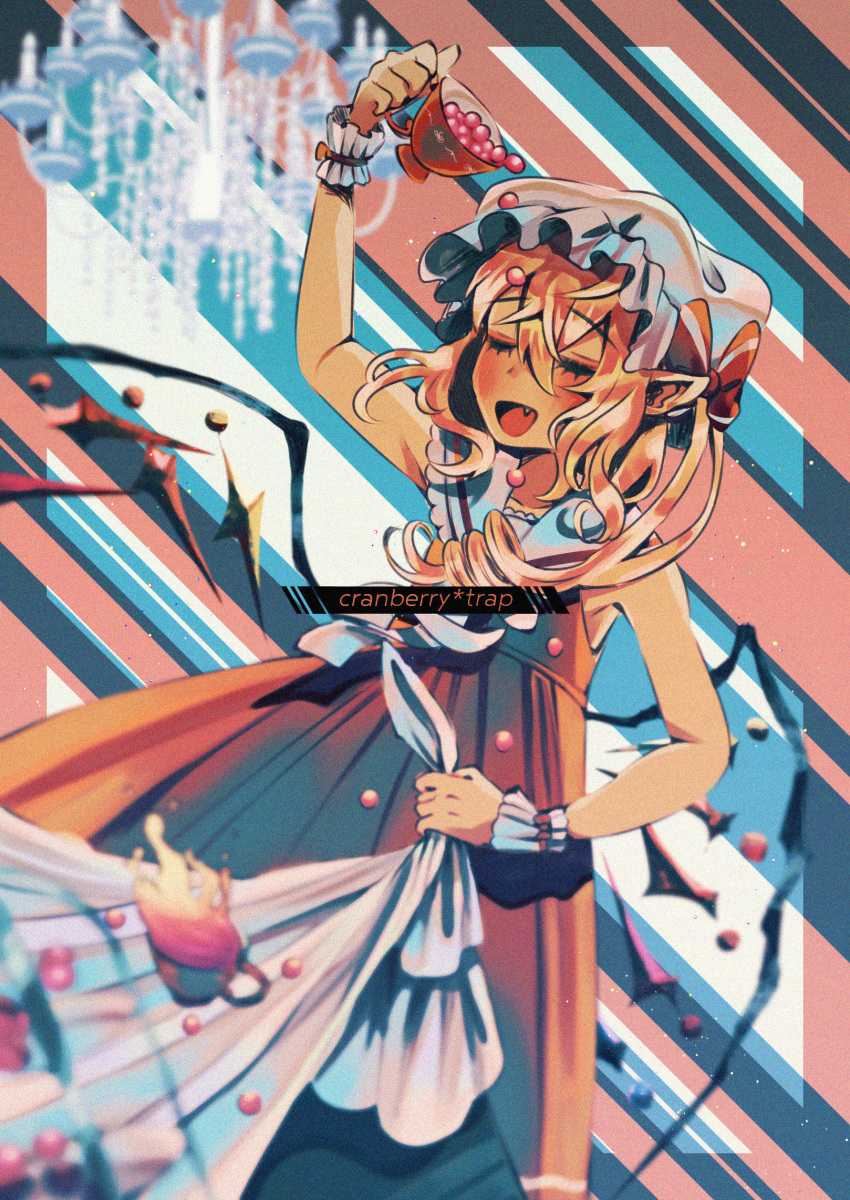 1girl adapted_costume aqua_background bare_shoulders blonde_hair blurry blurry_foreground closed_eyes cranberry culotte_(hosenrock) cup diagonal_stripes dress fang flandre_scarlet food fruit hair_between_eyes hat highres holding holding_cup medium_hair mob_cap multicolored_background multicolored_wings open_mouth pink_background red_dress sailor_collar sleeveless sleeveless_dress solo striped striped_background touhou tug white_headwear white_sailor_collar wings wrist_cuffs